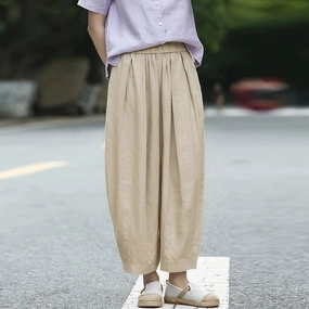 Autumn Retro Linen Casual Loose Versatile Cropped Pants Humidity Control