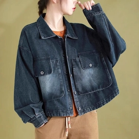 ReversibleStyle Non Restrictive Silhouette Women Autumn Casual Cotton Loose Denim Jacket