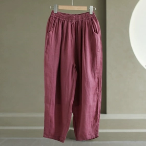 Babakud Women Ramie Casual Loose Elastic Waist Pants Fortified Stitching Comfortable lining