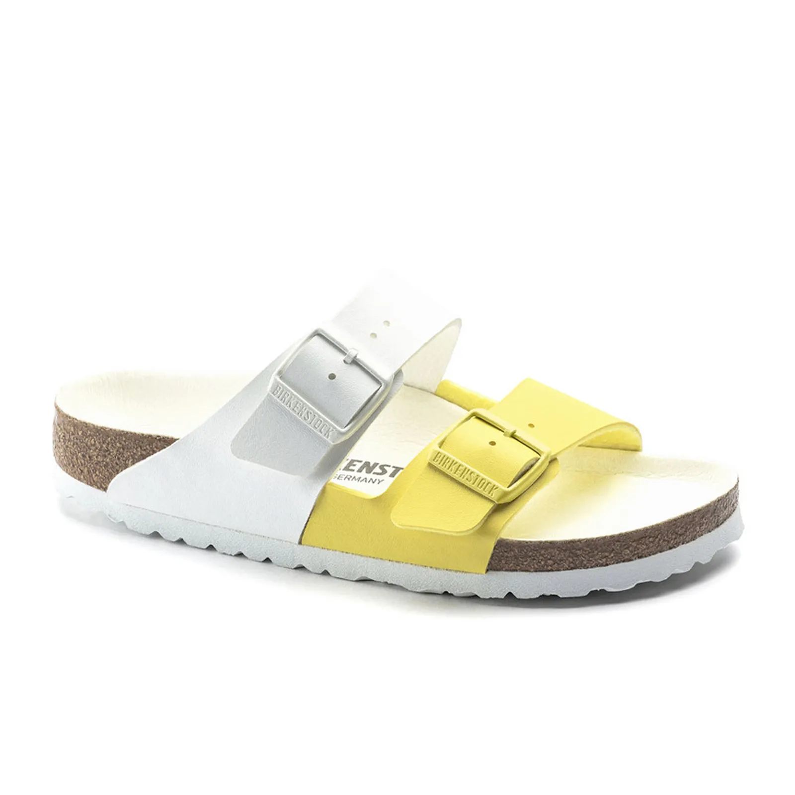 Birkenstock Arizona Split Slide Sandal (Women) - White/Lime Sour Birko-Flor Safety Fit Long Days