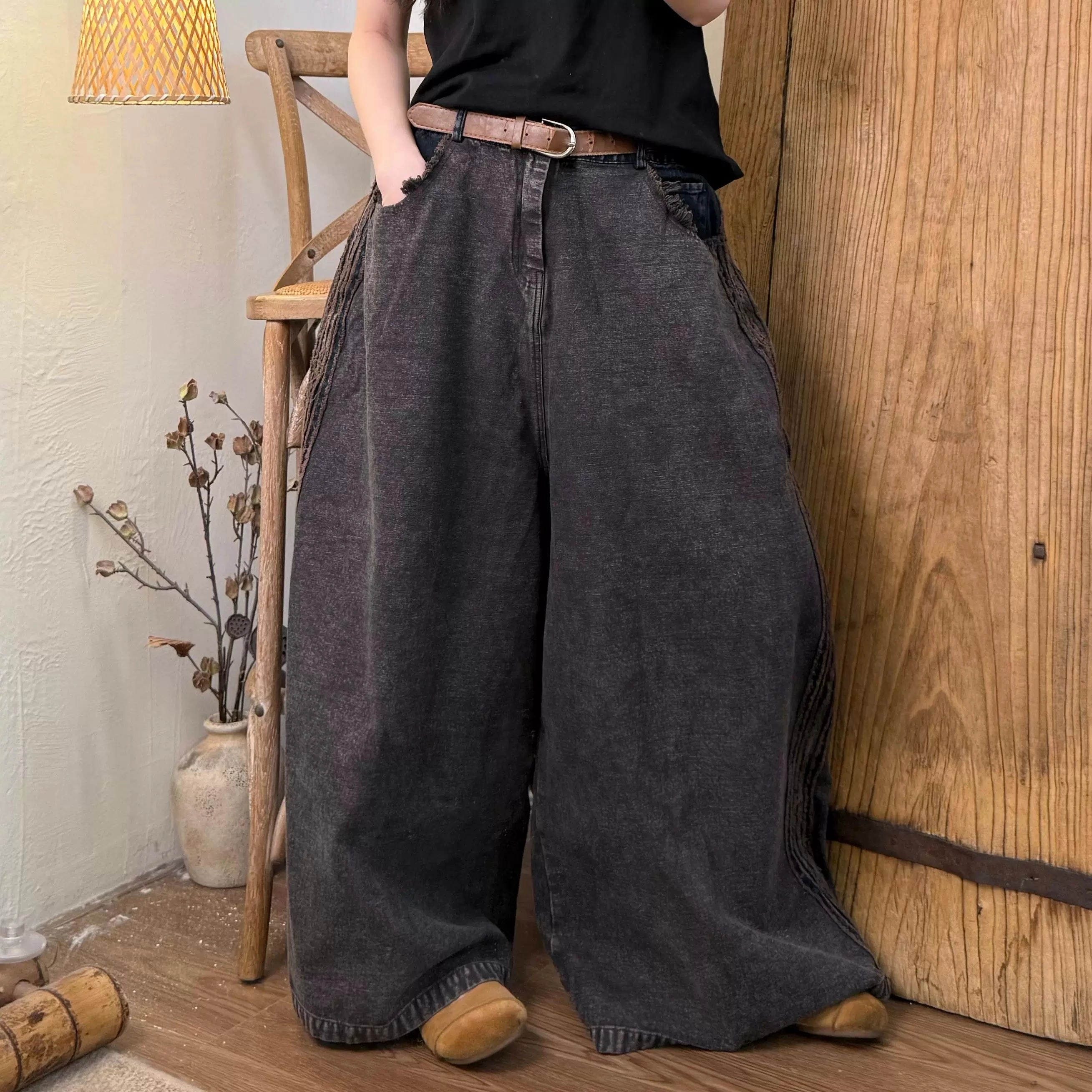 Retro Denim Casual Versatile Loose Patchwork Elastic Waist Jeans wrinkle free