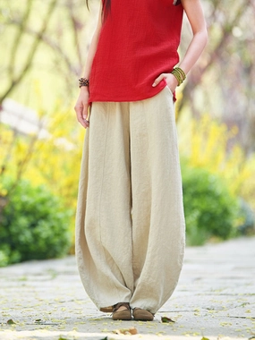 Women Spring Retro Ramie Comfy Loose Harem Pants Airflow Fabric Heat Management