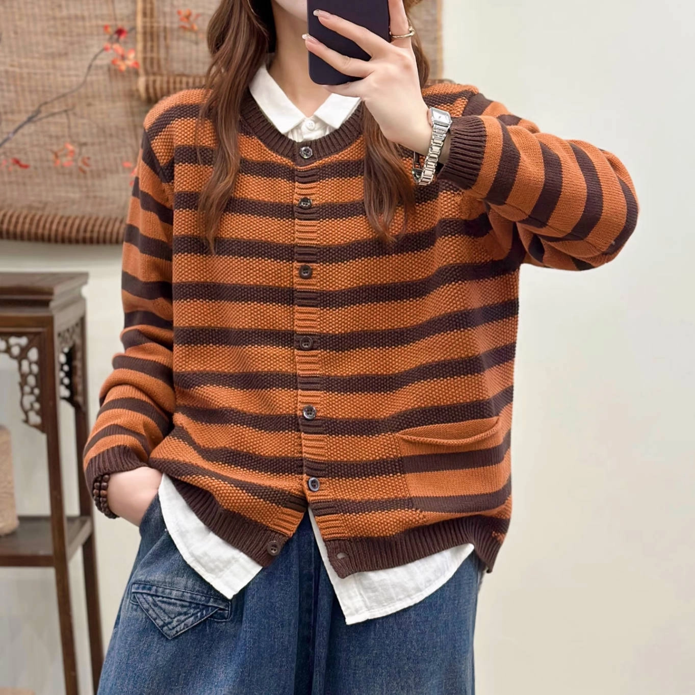 Vintage Autumn Cotton Striped Round Neck Versatile Cardigan Modular Attachment Points Breathable Layer