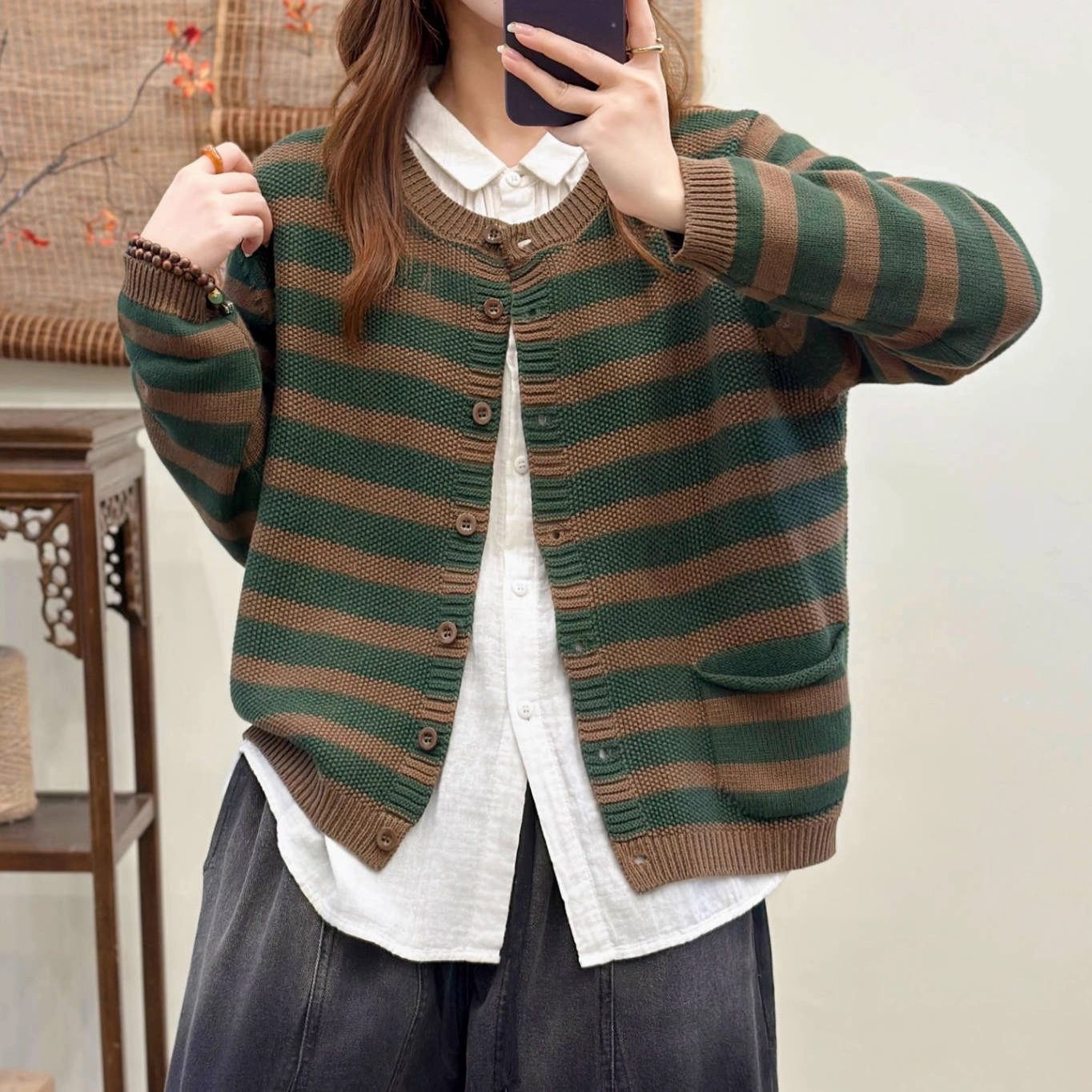 Chill Weather Vintage Autumn Cotton Striped Round Neck Versatile Cardigan