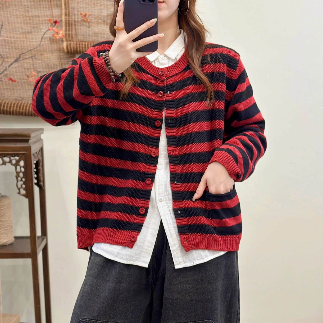 Elastic Cuff Adjustment Vintage Autumn Cotton Striped Round Neck Versatile Cardigan