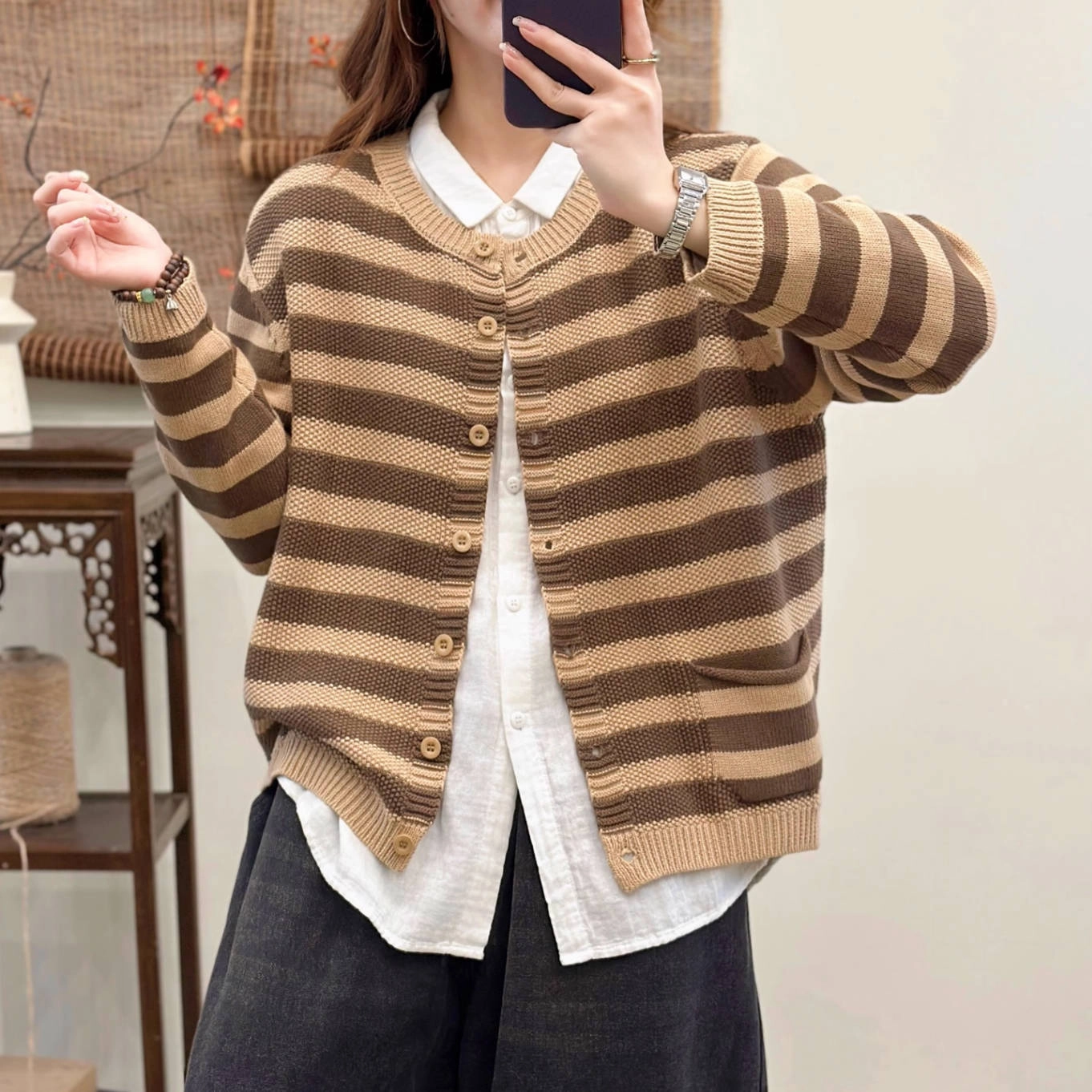 Seamless Knit Cuffs Daily Commute Vintage Autumn Cotton Striped Round Neck Versatile Cardigan