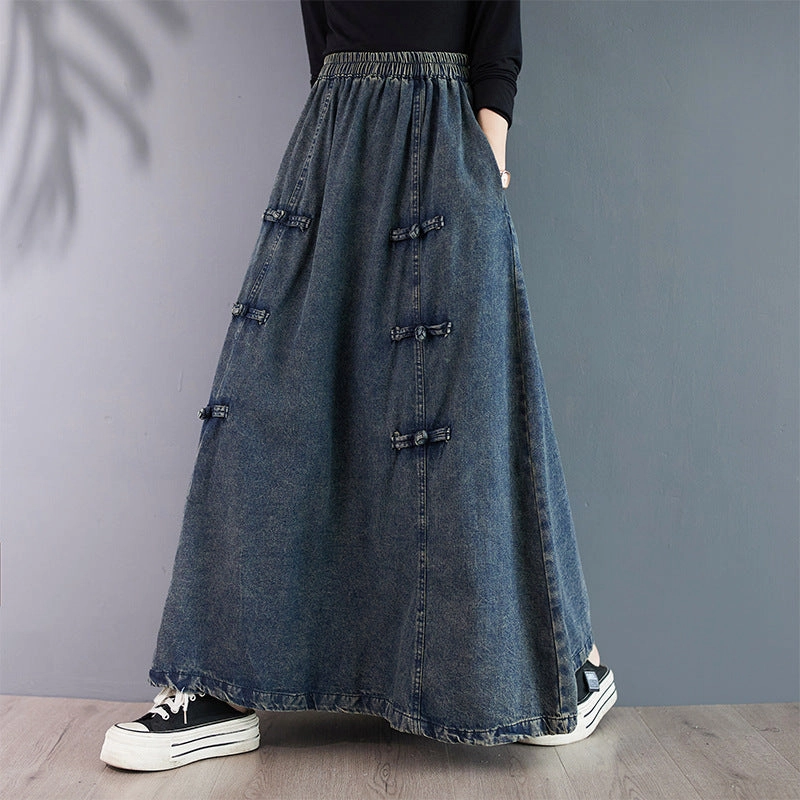 Easy Clean Vintage Elastic Waist Buttoned Denim A-Line Skirt