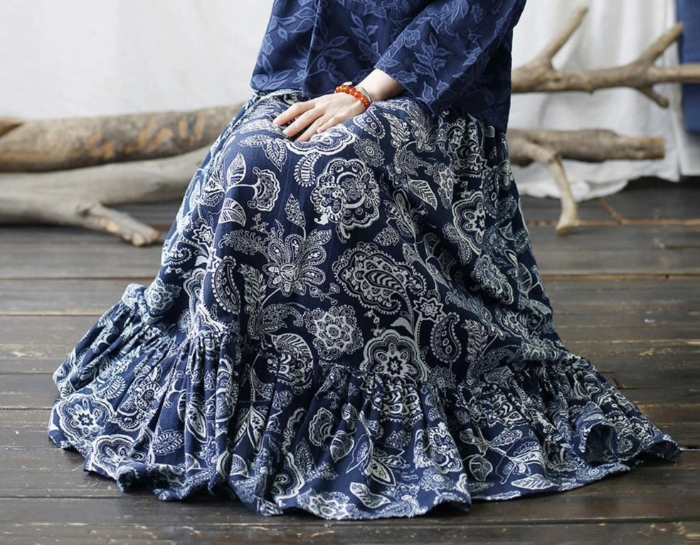 Sanitary Material Fade Free Vintage Ruffled Printed A- Line Maxi Skirt