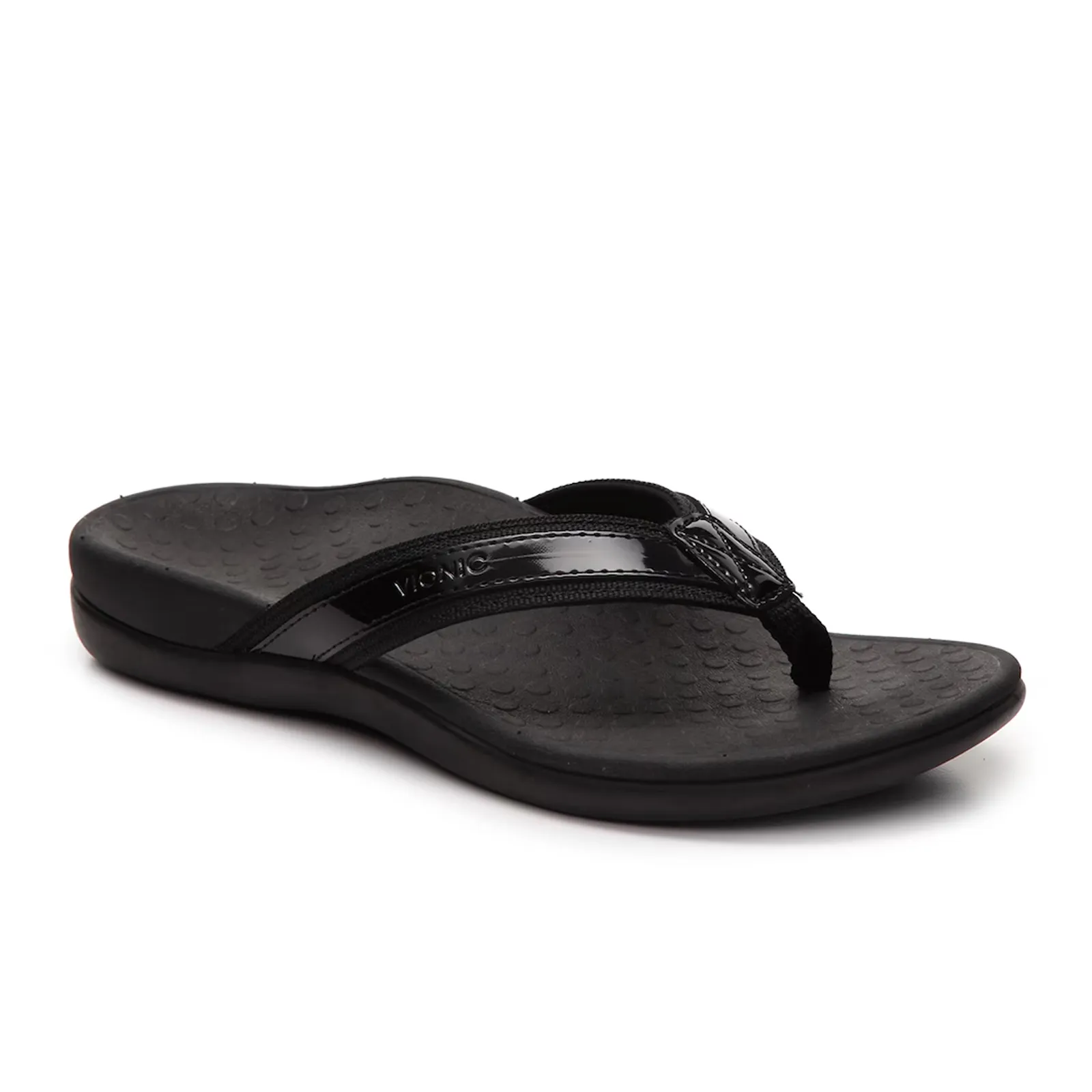 Vionic Tide Sandal (Women) - Black Patent Webbing Flexible Construction