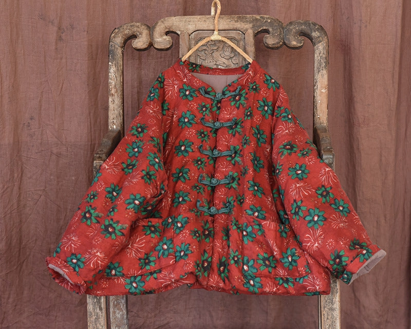 Quick Pull Zipper Warm Floral Printed Cotton Coats for Women