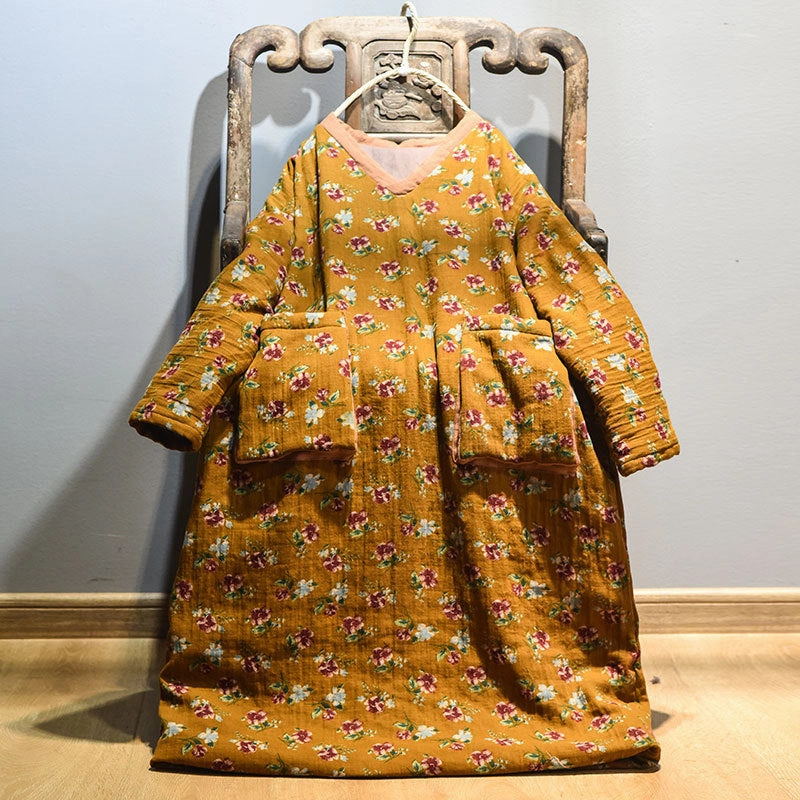 Eco Friendly Production Warm Large Pocket Floral Printed Mid- Length Cotton Coat