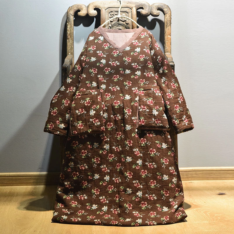 Warm Large Pocket Floral Printed Mid- Length Cotton Coat Breathable Layer