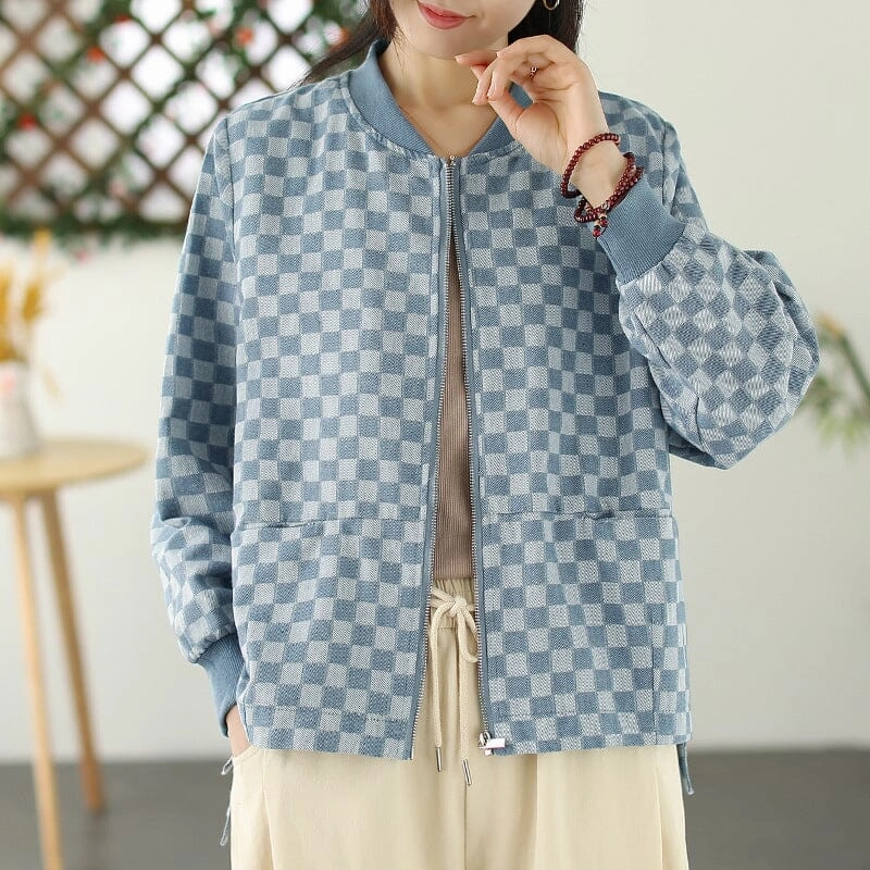 Laser Cut Vents Organic Cotton Blend Women Spring Retro Plaid Cotton Jackets