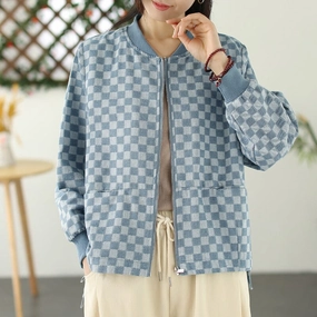Laser Cut Vents Organic Cotton Blend Women Spring Retro Plaid Cotton Jackets