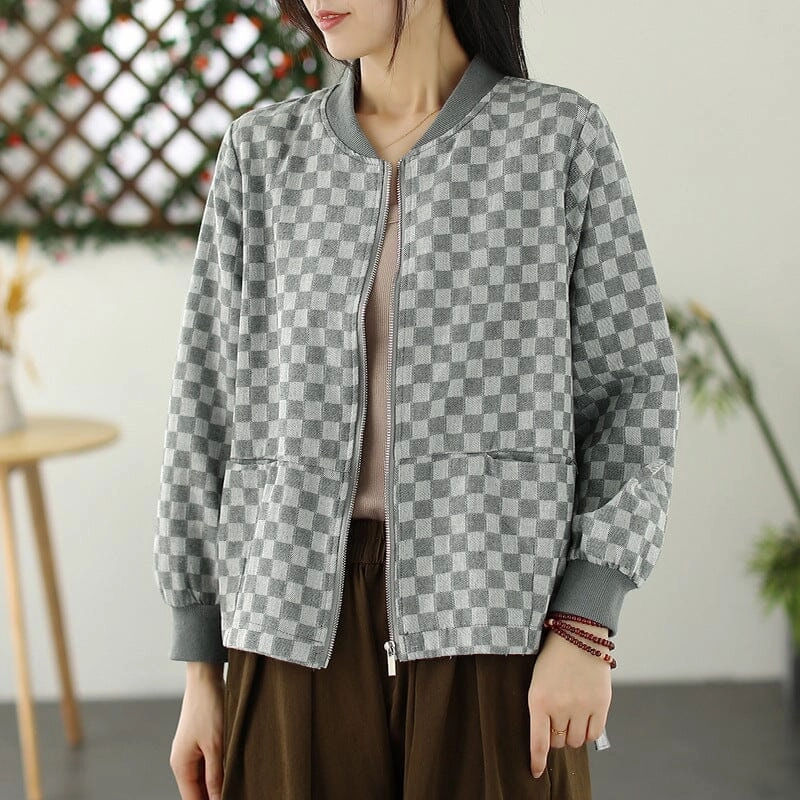 Women Spring Retro Plaid Cotton Jackets Classic Ribbed Cuffs Nylon Shell Construction