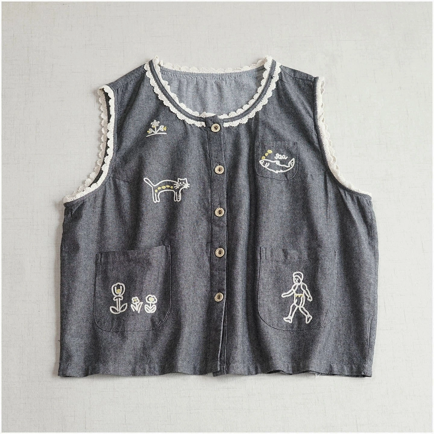 Summer Cute Cotton Round Neck Sleeveless Embroidered Vest AdjustableHem