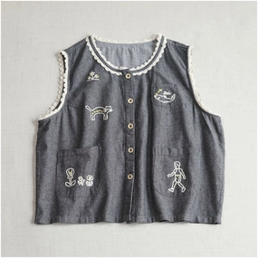 Summer Cute Cotton Round Neck Sleeveless Embroidered Vest AdjustableHem