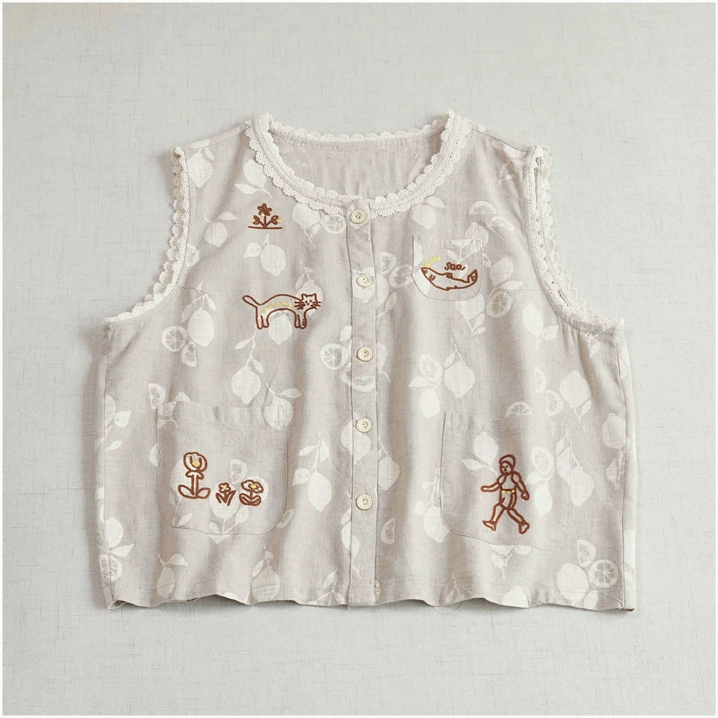 Active Wear Summer Cute Cotton Round Neck Sleeveless Embroidered Vest