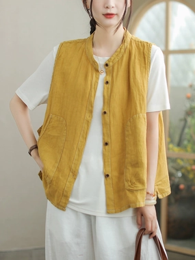 Trail To Town Checkered Style Babakud Summer Retro Linen Round Neck Single-Breasted Vest