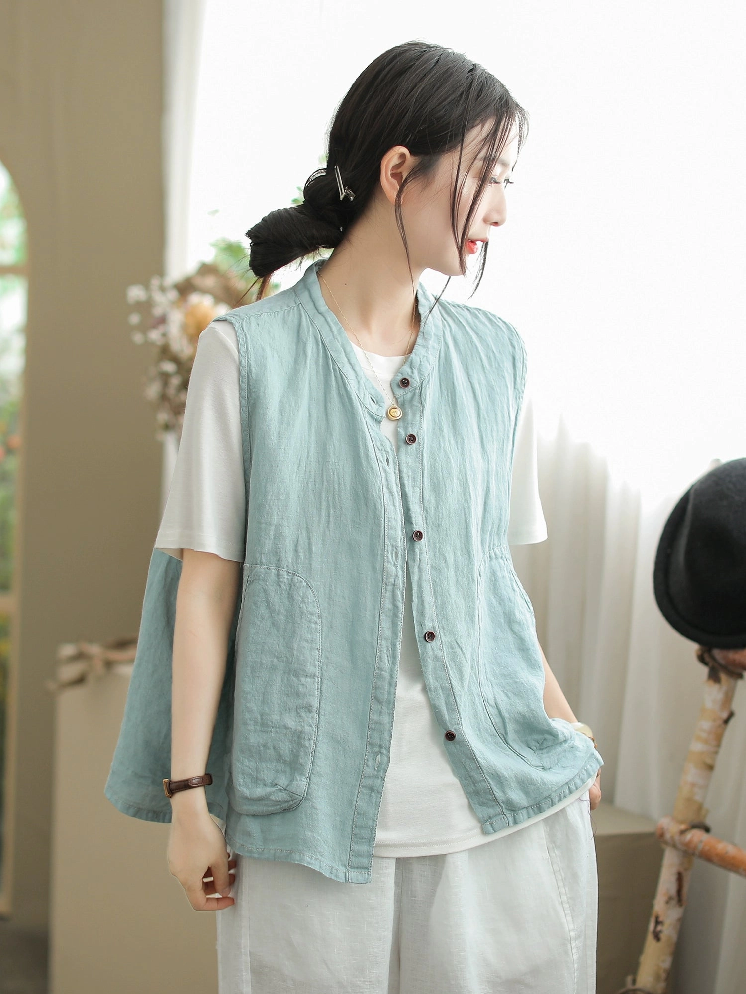 Babakud Summer Retro Linen Round Neck Single-Breasted Vest Recycled materials