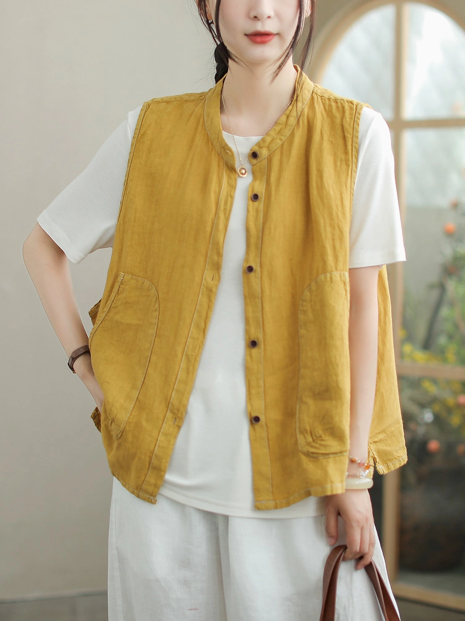Trail To Town Checkered Style Babakud Summer Retro Linen Round Neck Single-Breasted Vest