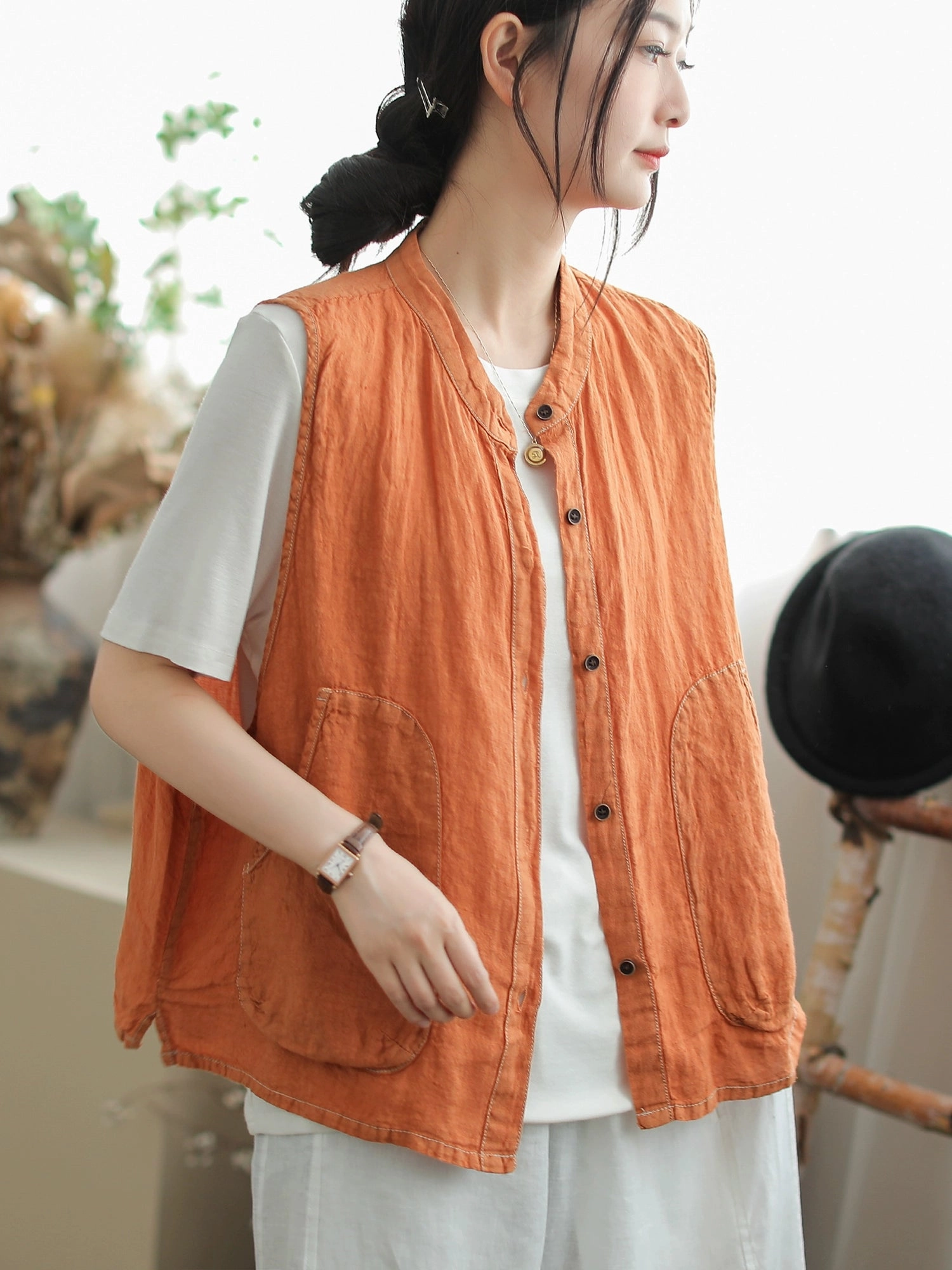 Polished Casual Heavy Duty Zippers Babakud Summer Retro Linen Round Neck Single-Breasted Vest