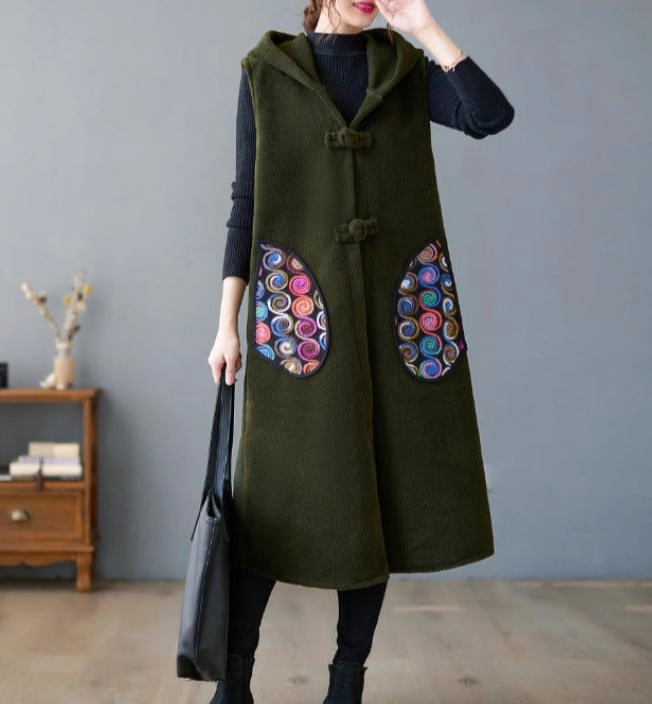 Army Green Warmth Mid-Length Hooded Woolen Vest Sleeveless Jacket Lightweight Warmth Core Windproof Construction