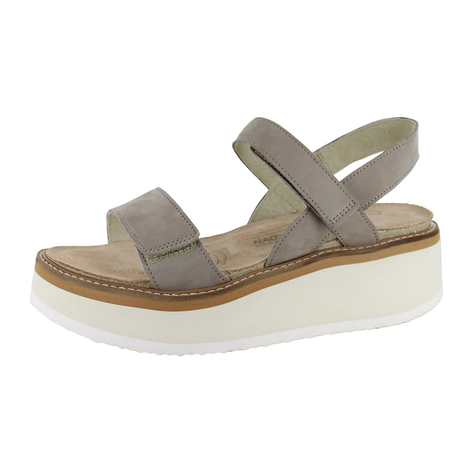 Stylish and Comfortable Naot Meringue Wedge Sandal (Woman) - Stone Nubuck with Off White Sole