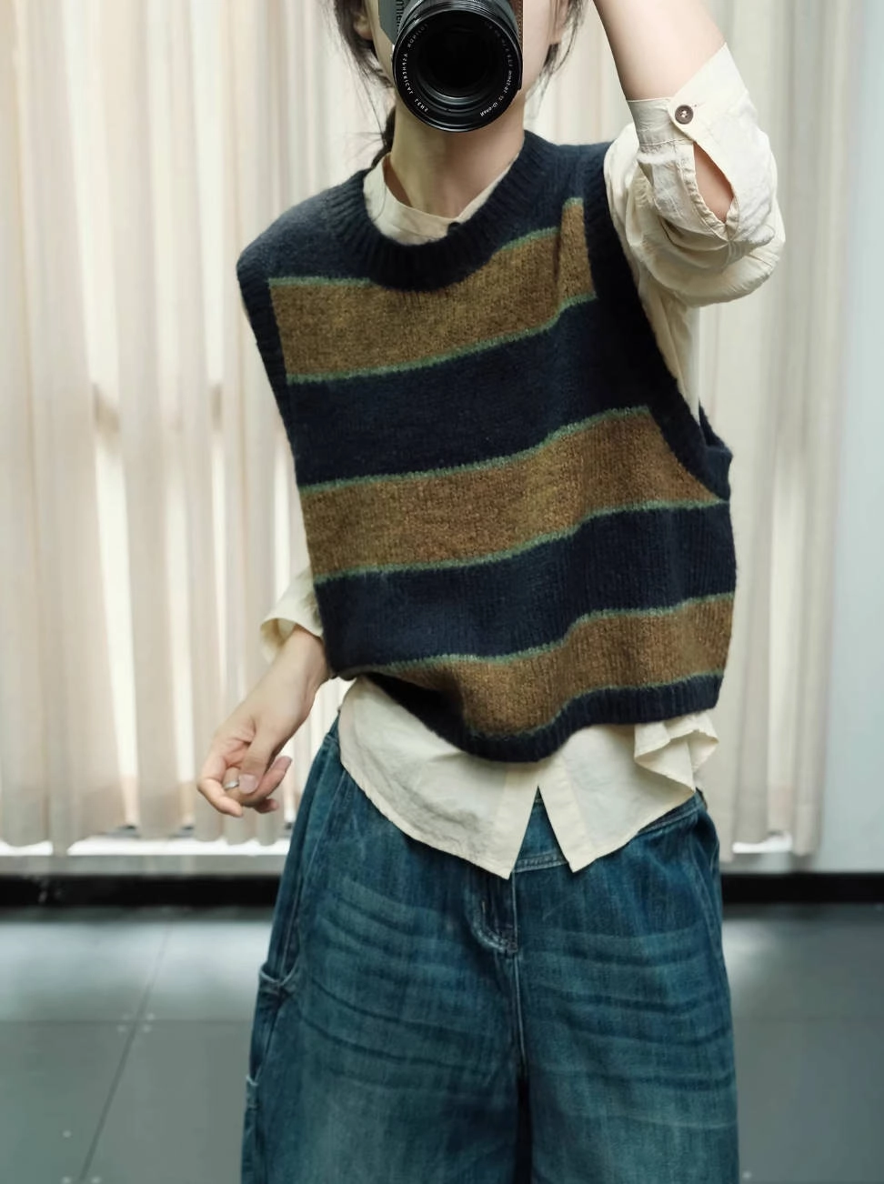 Double Layer Protection Women Warm Wool Knit Round Neck Sleeveless Sweater Vest