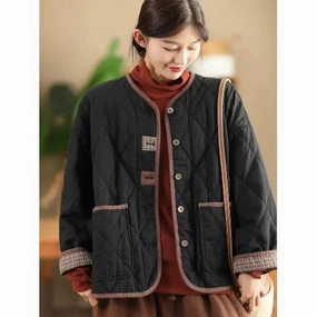 Heat Sealed Seams Winter Cotton Warm Loose Round Neck Single-Breasted Plaid Coat