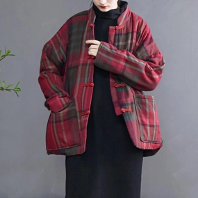 Winter Retro Loose Red Plaid Cotton Linen Coat Abrasion Resistant Panels
