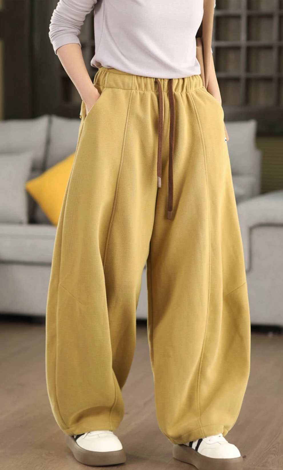 Winter Warm Cotton Thick Casual Elastic Waist Lace-Up Pants Relaxed Feel Ventilated fabric
