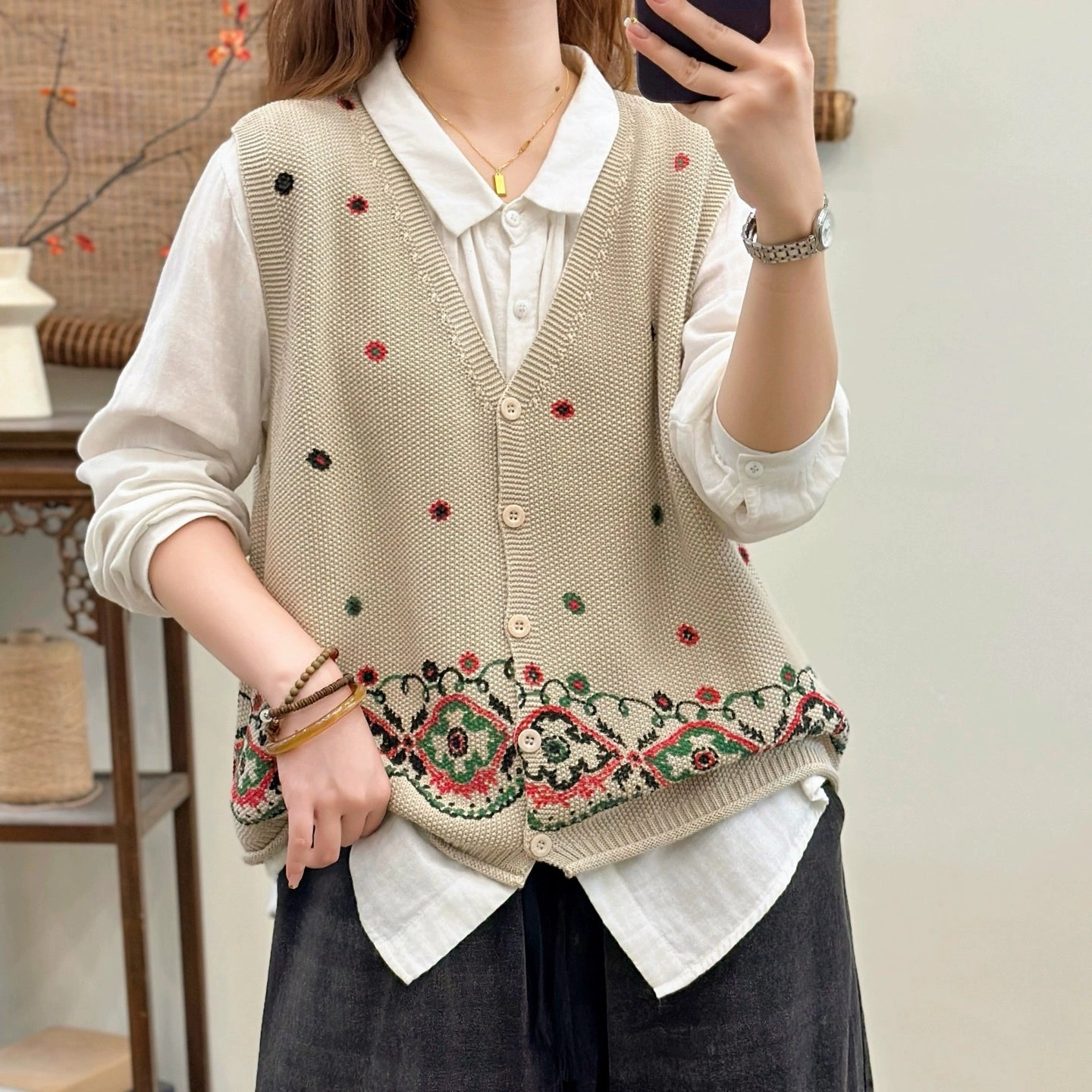 Women Autumn Cotton V-Neck Embroidered Loose Cardigans Street Explorer Fit