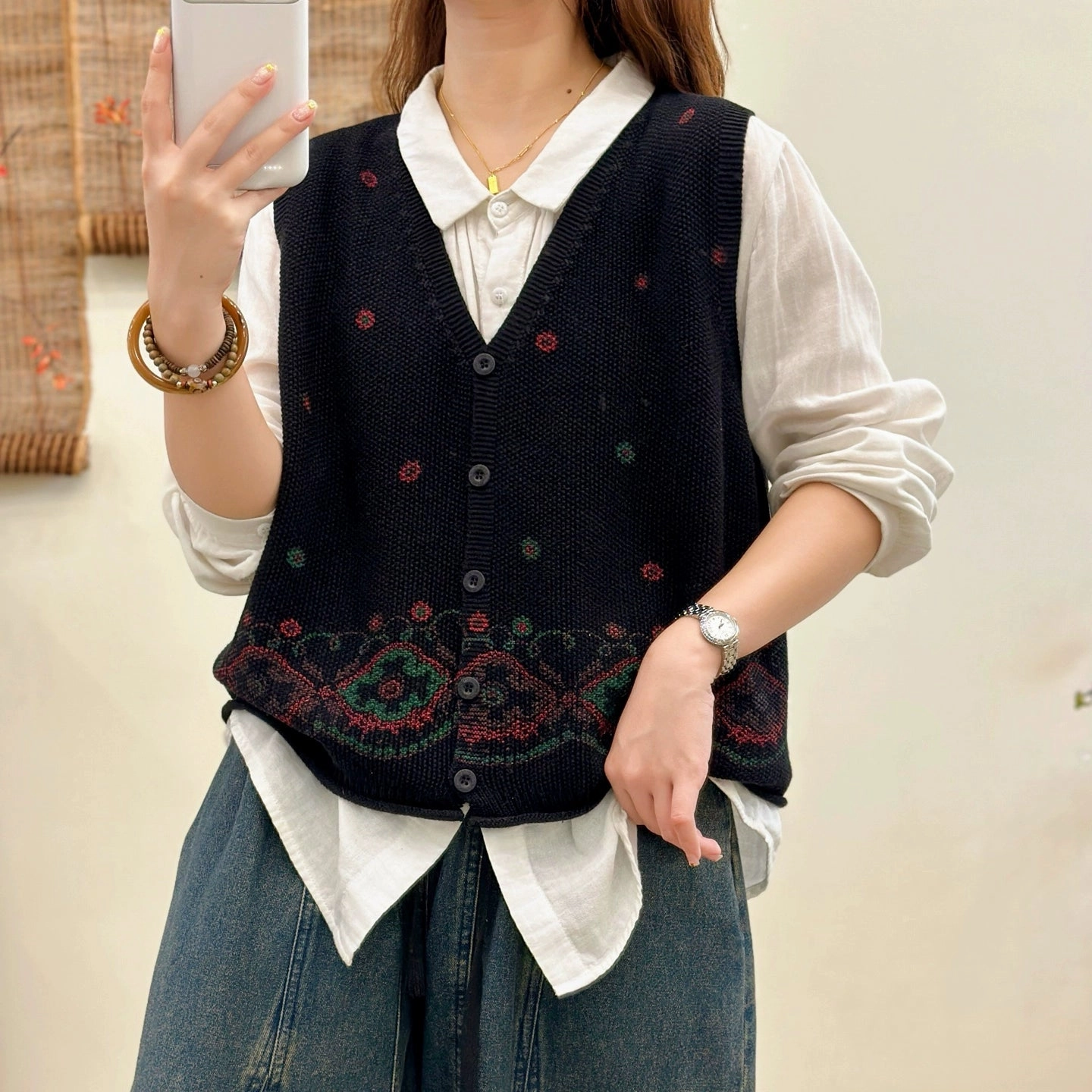 Women Autumn Cotton V-Neck Embroidered Loose Cardigans ReinforcedSeams Soft Touch Lining