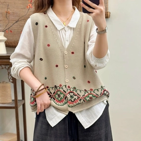 Women Autumn Cotton V-Neck Embroidered Loose Cardigans Street Explorer Fit