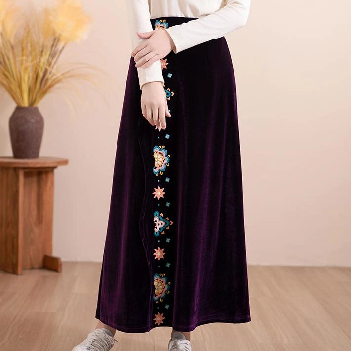 Women Autumn Floral Embroidered Velvet A- Line Skirt Satin feel