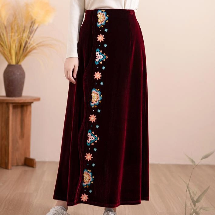 Women Autumn Floral Embroidered Velvet A- Line Skirt All-day Comfort