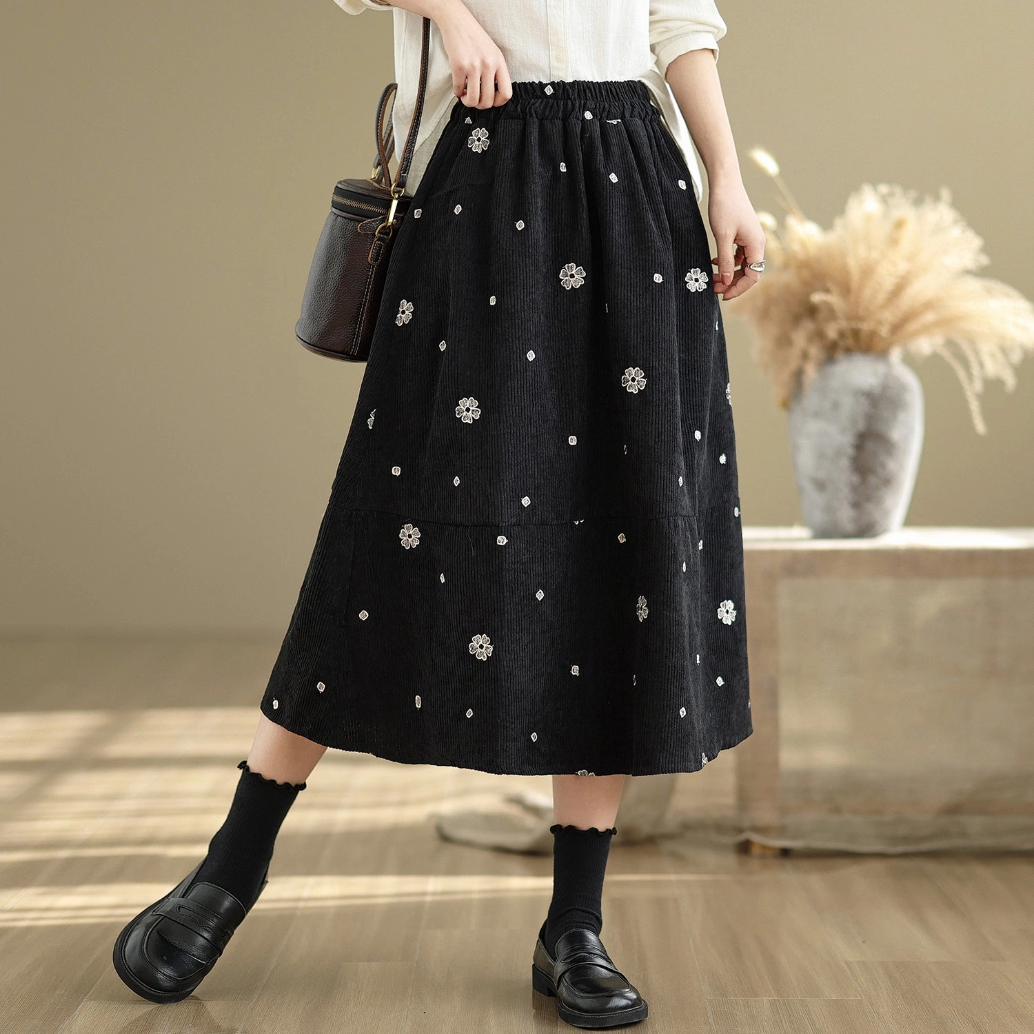 Women Autumn Retro Embroidered Corduroy Floral A-Line Skirt Polished Look