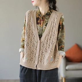 Durable Outer Shell Quick Dry Coating Women Autumn Retro Embroidery Hollow Knitted Vest