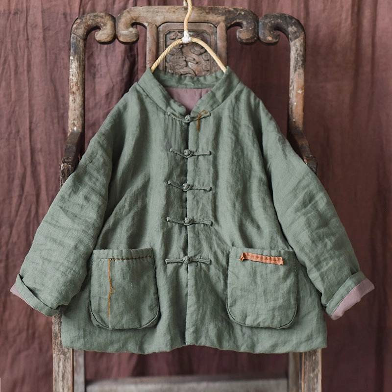 Women Autumn Retro Linen Cotton Padded Jacket Casual Style Durable Color Retention