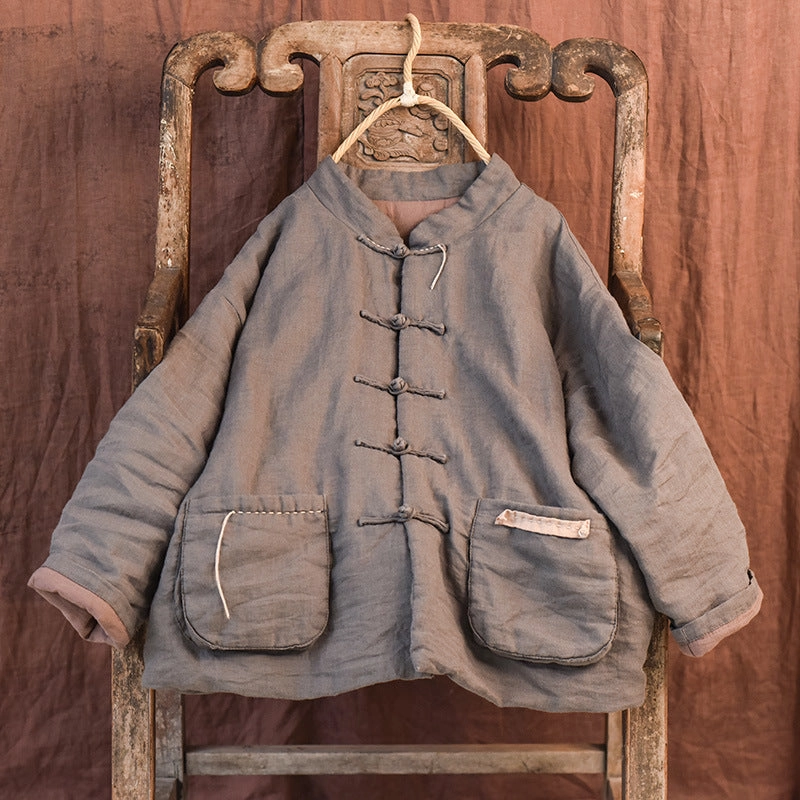 Seamless Welded Construction QuiltedPattern Women Autumn Retro Linen Cotton Padded Jacket