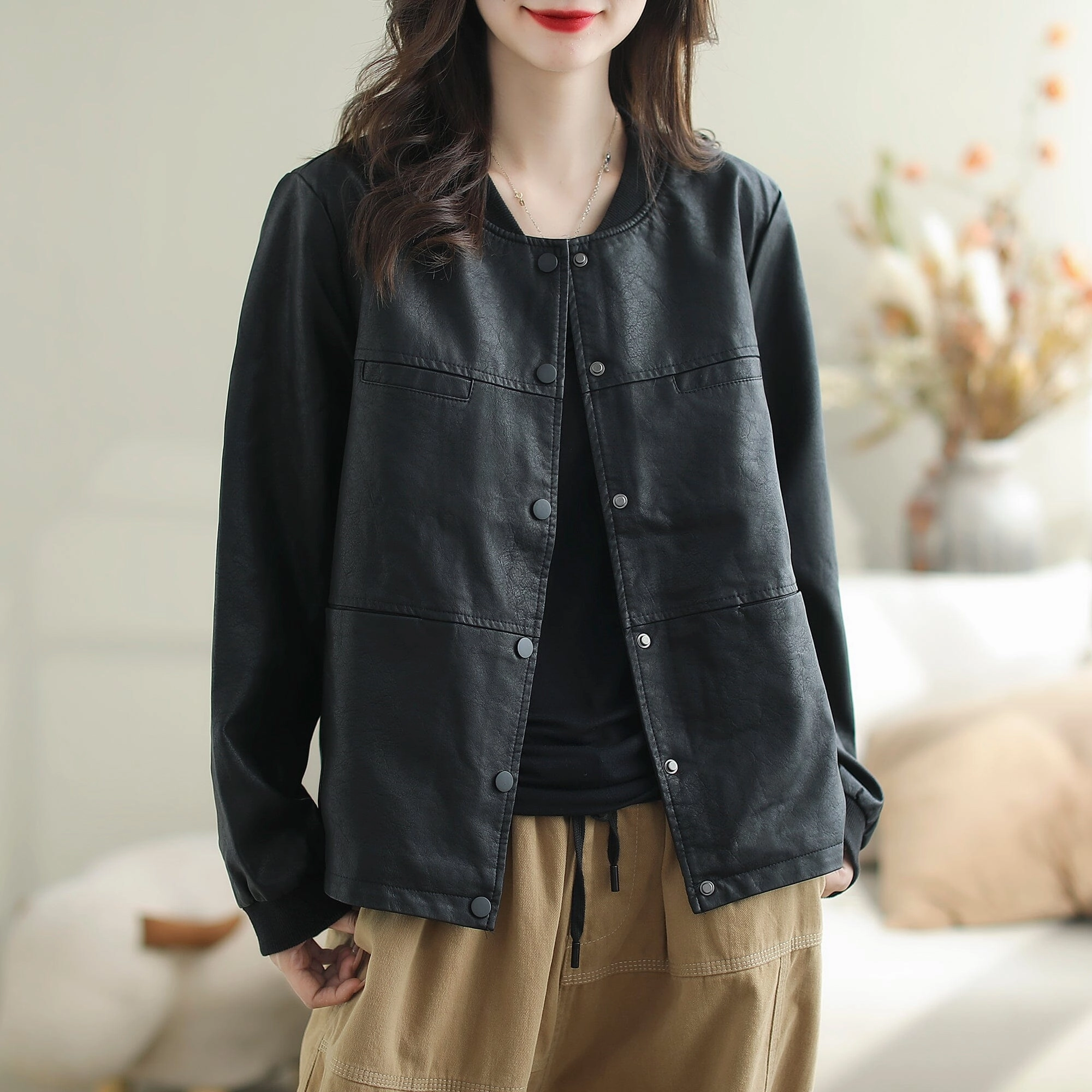 Women Autumn Stylish Solid Leather Jacket UV protection layer