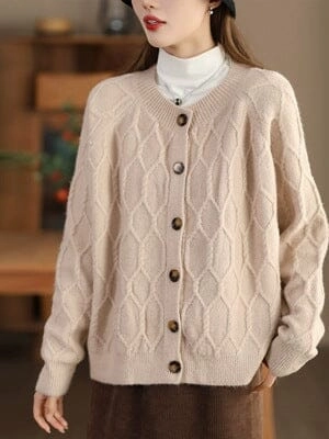 Women Autumn Winter Casual Loose Knitted Cardigan Seamless Stitching Reinforced Elbow Panels