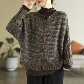 Flexible Shoulder Panels Waterproof Stitch Details Women Autumn Winter Loose Colorful Knit Cardigan