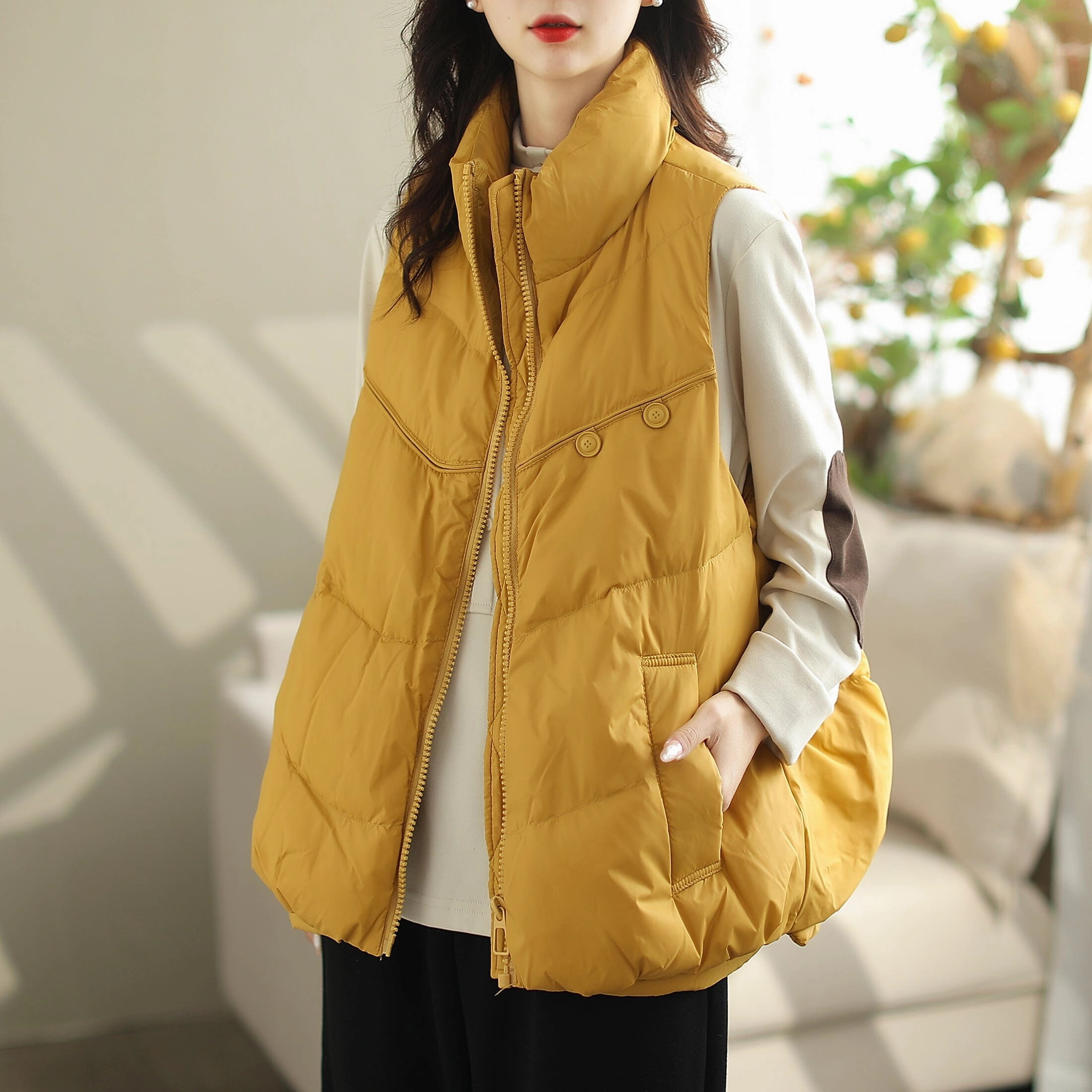 Women Autumn Winter Loose Duck Down Warm Vest Functional Pocket Detachable Lining