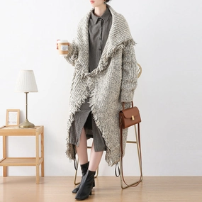 fall season Women Autumn Woolen Knitted Retro Trim Coat