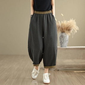 All-day Comfort Durable Seams Women Casual Contrast Trim Workwear Cotton Linen Cropped Pants
