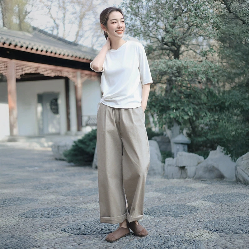 Comfortable Inside Smooth Finish Women Casual Cotton Versatile Elastic Waist Solid Color Pants