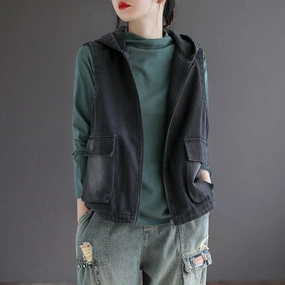 Women Casual Hooded Zipper Loose Denim Vest ModularLayering Modular Attachment Points