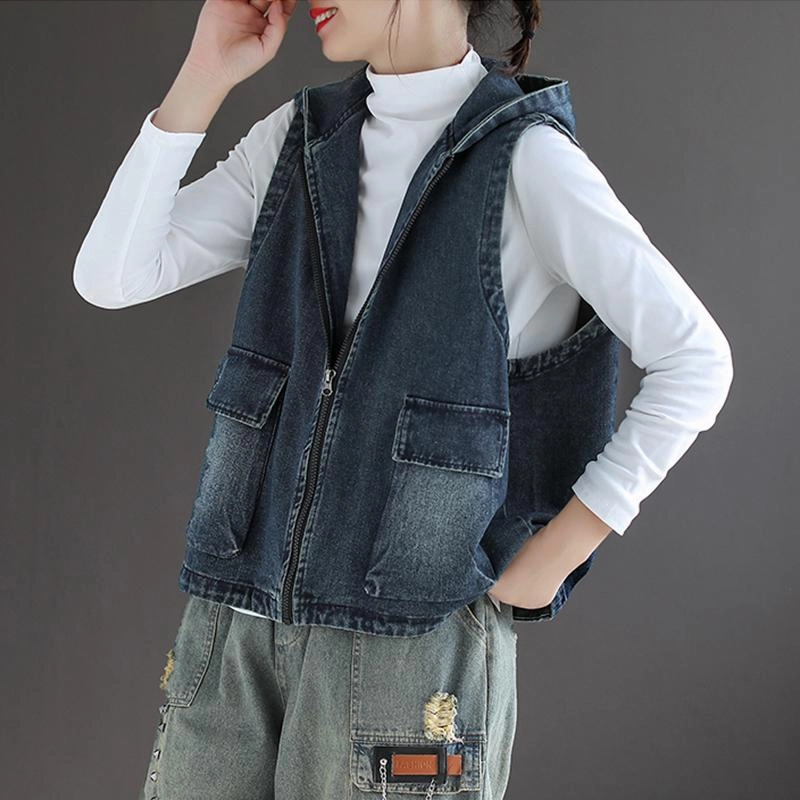 ElasticWaistband Women Casual Hooded Zipper Loose Denim Vest